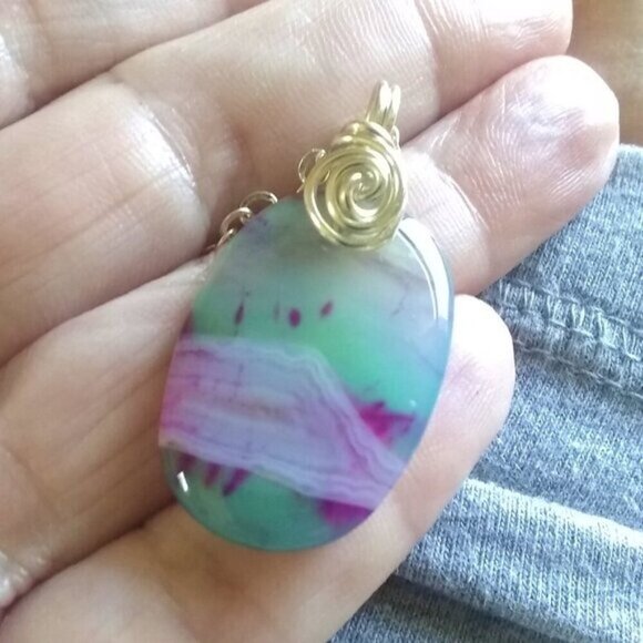 Pastel & Two Toned Agate Pendant + 19+3" Chain - Feminine Chic Boho Trendy OOAK - Picture 6 of 7
